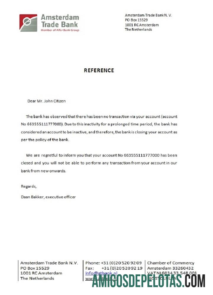 Certificado de encerramento do banco comercial de Amsterdã na Holanda exemplo real